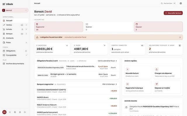 Tableau de bord Tributs pour entreprises et indépendants